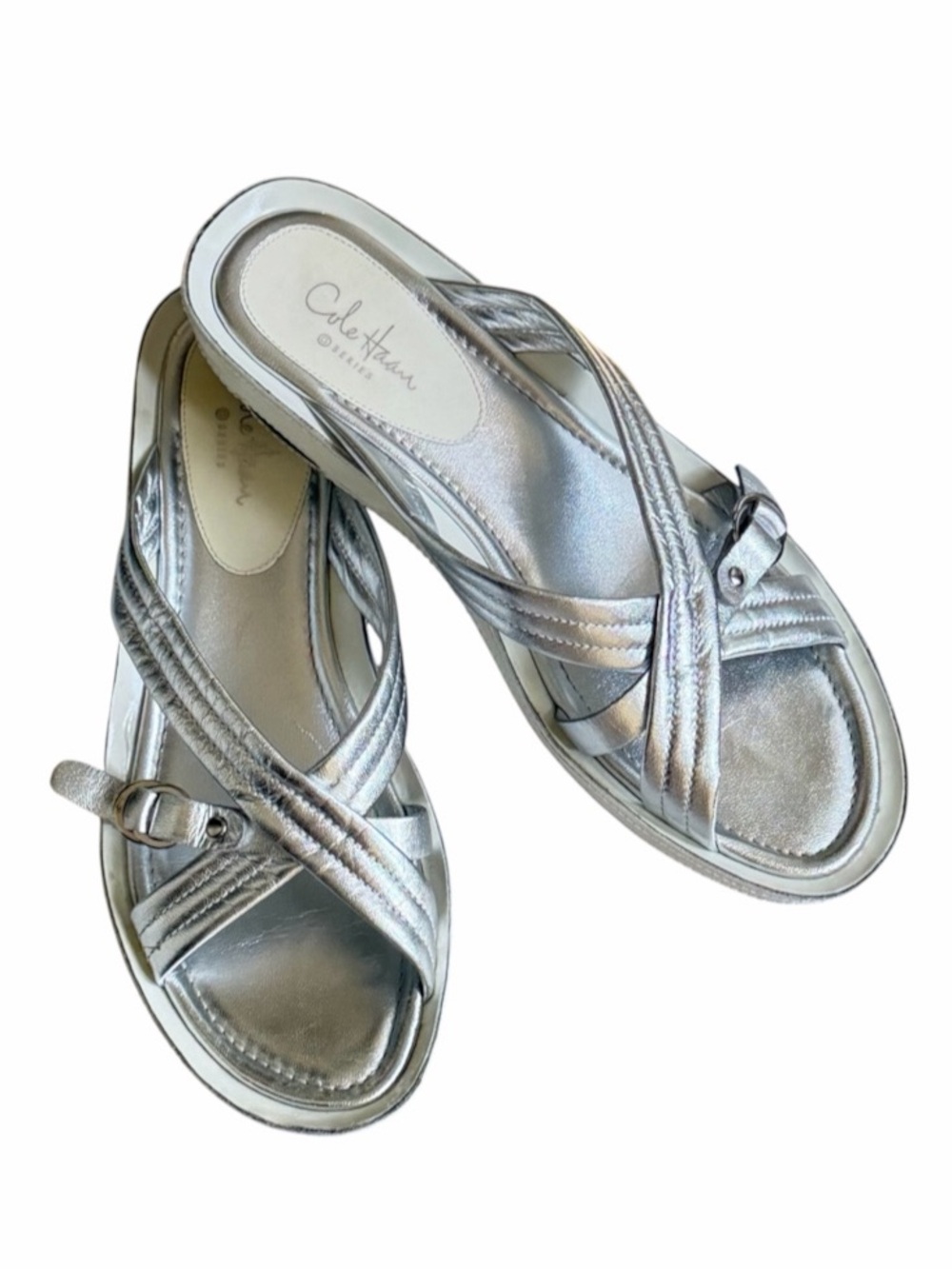 Cole Haan G Series Metallic Silver Leather Slide Wedge Sandals Sz 7.5 w/Box